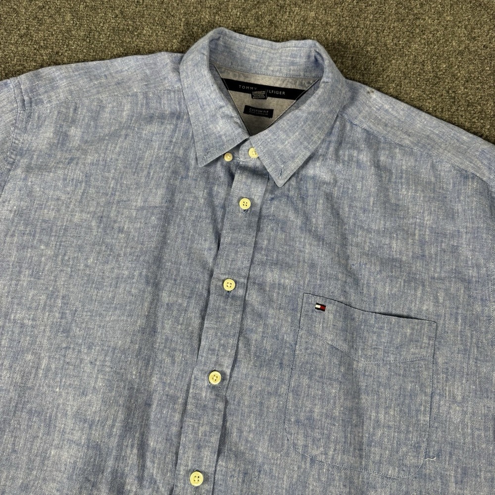 Tommy Hilfiger Men's Shirt XXL Blue Linen Blend Short Sleeve Button Down Casual